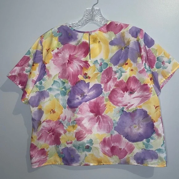 Vintage Blair Women’s Blouse Bold Floral Bright Short Sleeve Top Size 16 L XL - Picture 9 of 16